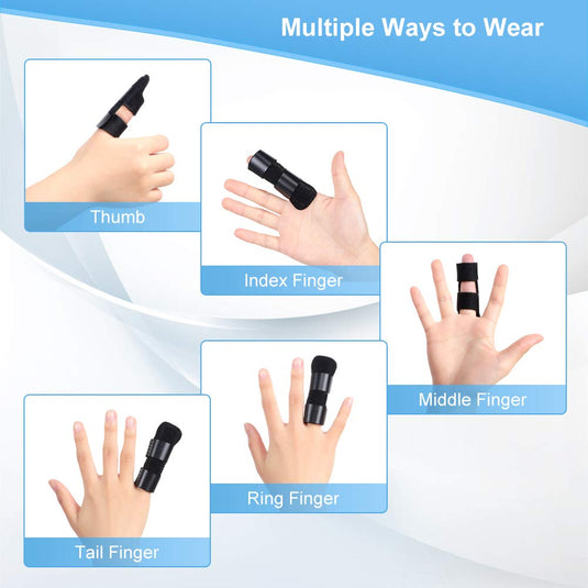 Illustratie van de Beste vingerspalk voor herstel en verlichting, aangebracht op verschillende vingers om de veelzijdigheid ervan te laten zien in de manier waarop deze kan worden gedragen.