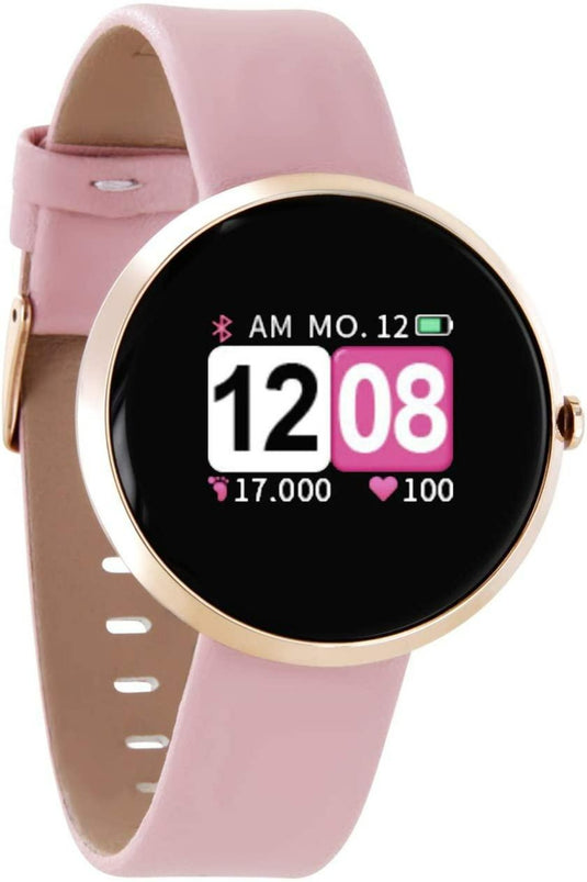 Een roze Ontdek de elegantie van onze dames smartwatch met fitnesstracker die de tijd om 12:08, datum, hartslag en stappentelling op het scherm weergeeft, met een gouden rand en roze bandje.