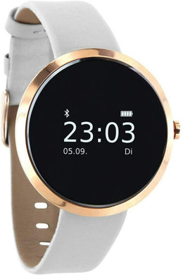 Een moderne Ontdek de elegantie van onze dames smartwatch met een beige band, roségouden kast en zwart display met de tijd 23:03 en de datum 05.09, dinsdag.