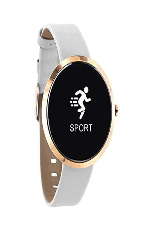 Een smartwatch met een roségouden kast, grijze band en een zwart scherm met daarop een rennend figuurpictogram, het woord 'sport' en een hartslagmeter, Ontdek de elegantie van onze dames smartwatch met fitnesstracker.