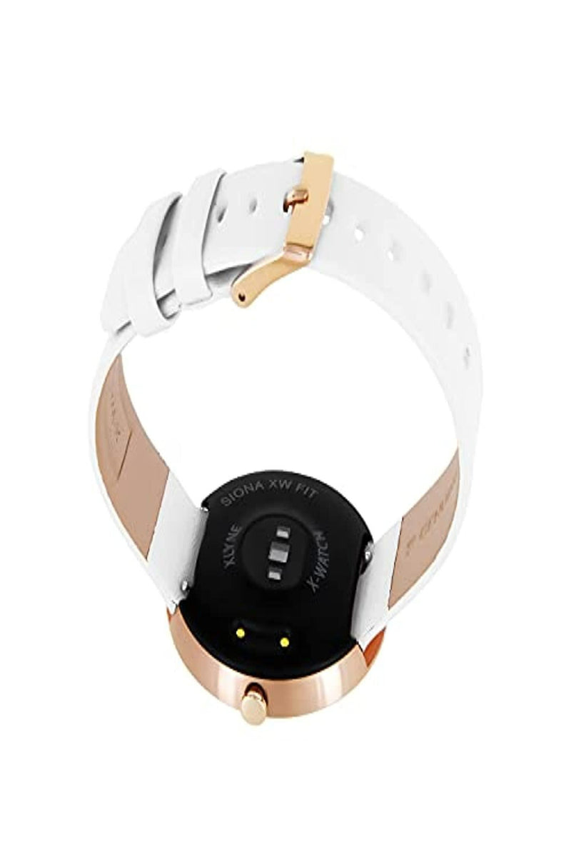 Laad afbeelding in Galerijviewer, Ontdek de elegantie van onze dames smartwatch met fitnesstracker in wit en roségoud met gespsluiting, met sensoren aan de achterkant.
