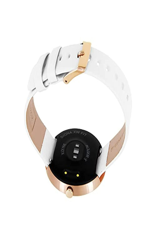 Ontdek de elegantie van onze dames smartwatch met fitnesstracker in wit en roségoud met gespsluiting, met sensoren aan de achterkant.