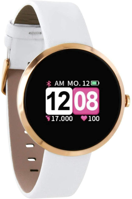Een moderne Ontdek de elegantie van onze dames smartwatch met een witte band en gouden kast, die tijd, datum, batterijduur en fitnessstatistieken weergeeft op het scherm, uitgerust met een hartslagmeter.