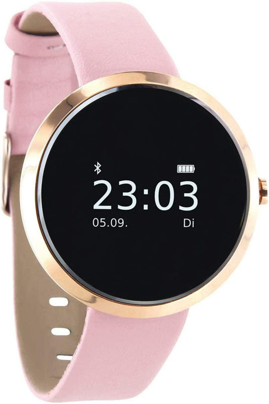 Ontdek de elegantie van onze dames smartwatch met fitnesstracker met roze bandje, gouden behuizing en zwart display met tijd "23:03" en datum "05.09", nu uitgevoerd als dames smartwatch.