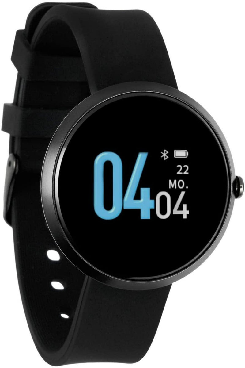 Laad afbeelding in Galerijviewer, Ontdek de elegantie van onze dames smartwatch met fitnesstracker die de tijd 04:04 weergeeft met datum maandag 22 op een digitaal scherm, ingesteld op een blauwe achtergrond.
