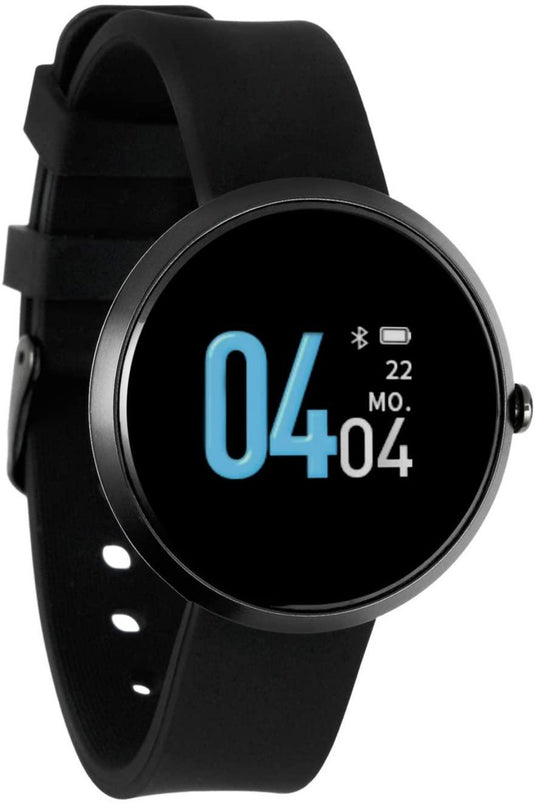 Ontdek de elegantie van onze dames smartwatch met fitnesstracker die de tijd 04:04 weergeeft met datum maandag 22 op een digitaal scherm, ingesteld op een blauwe achtergrond.