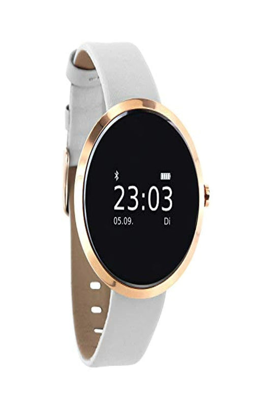 Ontdek de elegantie van onze dames smartwatch met fitnesstracker met een roségouden kast en grijze band die de tijd 23:03 en de datum 05.09 weergeeft op het zwarte scherm.