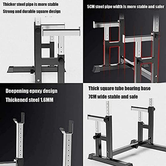 Vier gedetailleerde weergaven van de Ultimate Home Gym met een Squat Rack, Barbell Rack en Bench Press in één ontwerp met de nadruk op kenmerken zoals een sterk vierkant profiel, een dikke basis en een versterkte stalen constructie.