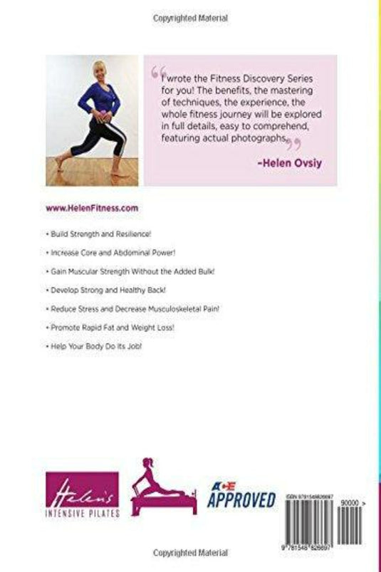 Vrouw demonstreert een Pilates-oefening met promotietekst en goedkeuring voor de Fitness Discovery Series door Helen: Kettlebell Yoga Fusion Manual.