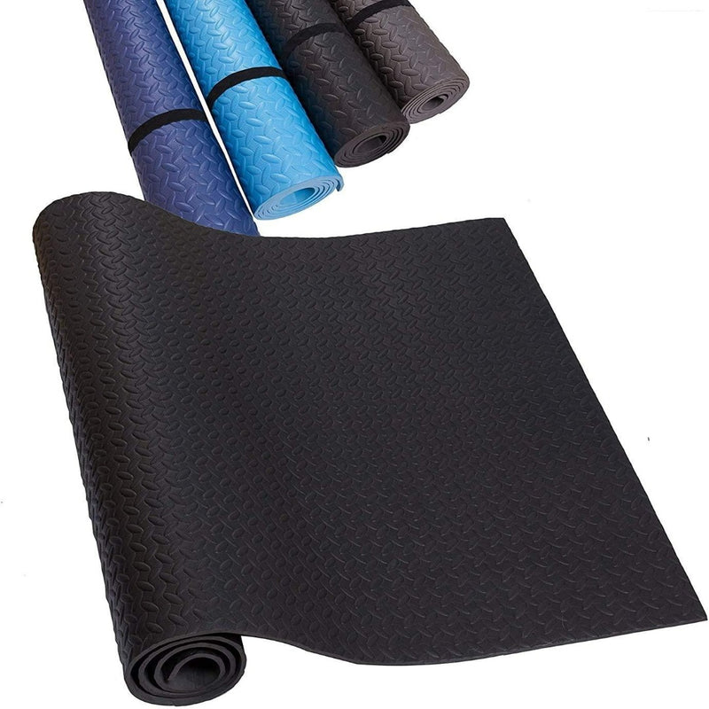 Laad afbeelding in Galerijviewer, Opgerolde sportmatten voor elke training in blauw, grijs en zwart gemaakt van hoogwaardige materialen met structuurpatronen op een witte achtergrond.
