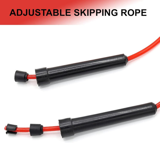 Verbrand vet en verbetering je conditie met ons Rood fitness springtouw met verstelbaar touw en zwarte handvatten.