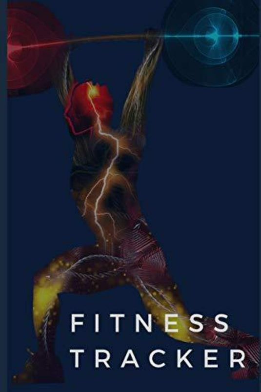 Grafische illustratie van een gespierde menselijke figuur in beweging, bedekt met digitale beelden van een hart en kleurrijke abstracte elementen, met onderaan het opschrift "Fitness Tracker: Houd uw fitnessvoortgang bij".