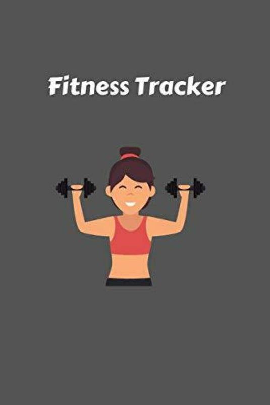 Afbeelding van een glimlachende vrouw die halters optilt met de tekst 'Fitness Tracker' boven haar, tegen een grijze achtergrond.