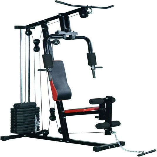 Zwart en rood Transformeer je lichaam met ons veelzijdige krachtstation homegymmachine met een gewichtenstapel, verstelbare stoel en verschillende trainingsstations voor volledige lichaamstraining.
