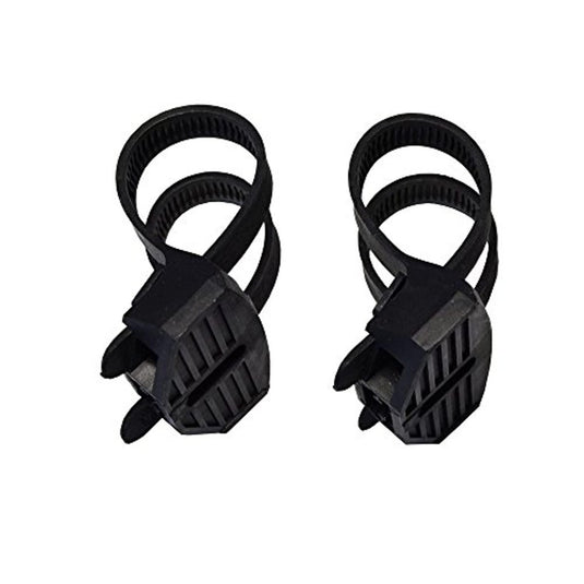 Twee zwarte Montagestrip voor fietsframeslot pedaalriemen met verstelbare lussen en geribbelde handgrepen worden naast elkaar afgebeeld op een witte achtergrond, wat doet denken aan een fietsbeveiligingsaccessoire.