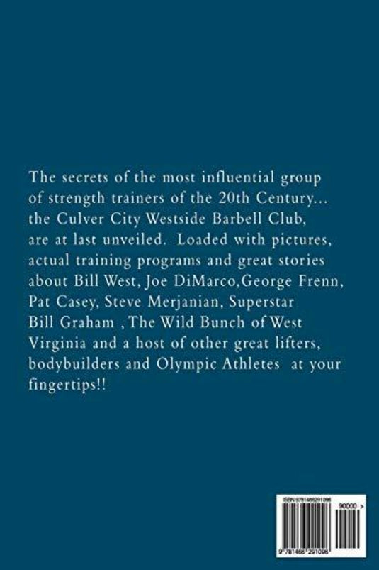 Achterkant van een boek met de titel "Forgotten Secrets of The Culver City Westside Barbell club reveal", met een synopsis en een streepjescode.