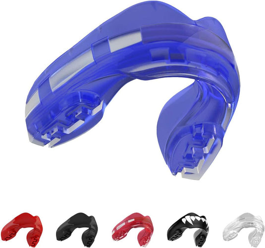 Een collectie Beugelbitje mondbeschermers met FluidFit-technologie in verschillende kleuren weergegeven op een witte achtergrond.