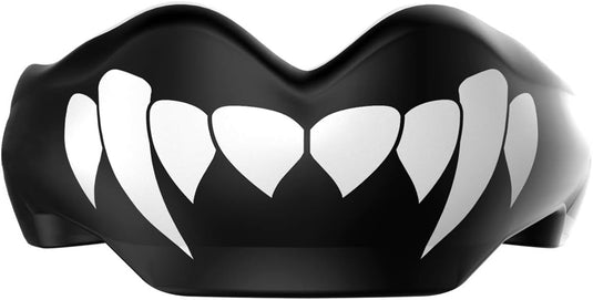 Een afbeelding van een gestileerd zwart masker met witte tanden met tanden en Beugelbitje-technologie.