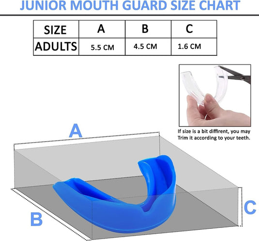 Een maatbeschermer voor actieve jonge atletentabel met afmetingen en een afbeelding van een hand die een transparante gebidsbeschermer vasthoudt, suggerer