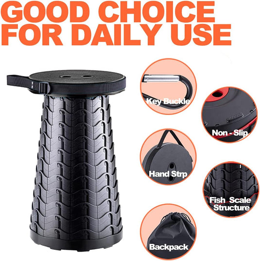 Opvouwbare kruk met zwarte visschaalstructuur en verstelbare hoogte. Hoogwaardige kunststof, sleutelring, antislipoppervlak, handvat en rugzak compact inbegrepen.