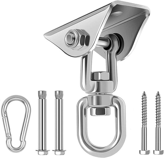 Geniet van de natuur met deze hangmathaken, inclusief roestvrijstalen bevestigingsbeugelset met 360 graden draaibare draaibare haak, karabijnhaak en schroeven.