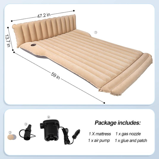 Geniet van een comfortabele slaap in je auto met onze Tesla Model Y/3/S/X auto luchtmatras! Deze opvouwbare beige luchtmatras van hoogwaardige materialen meet 59 x 47,2 x 13,7 inches en bevat een hoofdsteun, twee kussens, een luchtpomp, een gasmondstuk, lijm en patch.