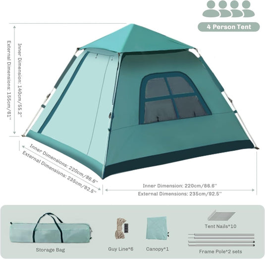 Beschrijving: Illustratie van een waterdichte groene Geniet van een industriële kampeerervaring met onze 4-persoons pop-up tent met afmetingen en accessoires gelabeld.