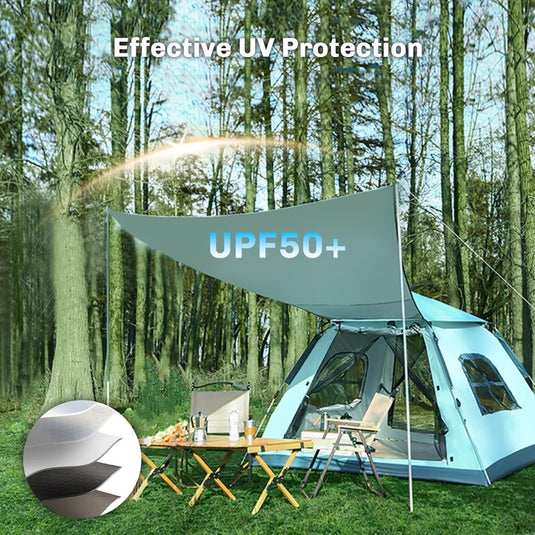 Geniet van een zonnige kampeerervaring met onze 4-persoons pop-up tent met UPF50+ UV-bescherming en waterdichte kwaliteit voor buitenkamperen.