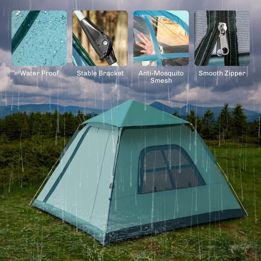 Kenmerken van een Geniet van een kampeerervaring met onze 4-persoons pop-up tent uitgelicht: waterdicht materiaal, stabiele beugel, anti-muggengaas en soepele ritssluiting.