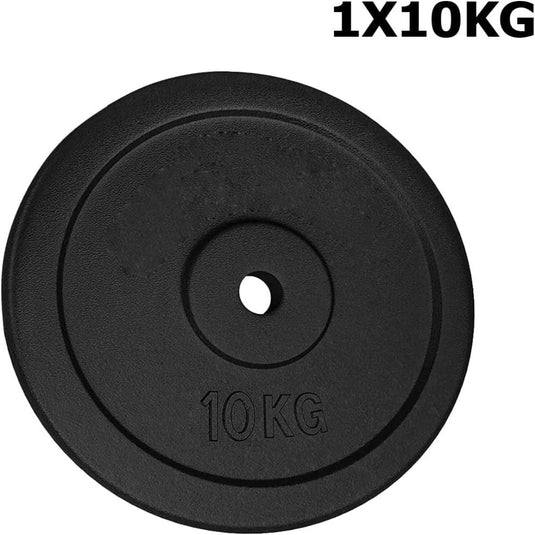Een zwarte Gietijzeren halterschijf van 10 kg met een centraal gat, bovenaan gemarkeerd met "1x10kg".