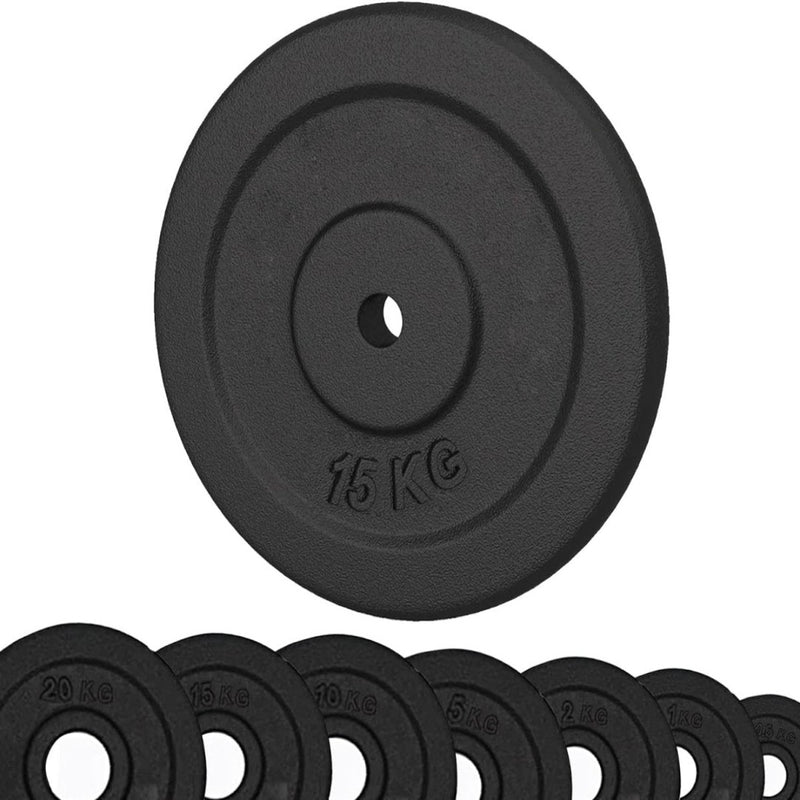 Laad afbeelding in Galerijviewer, Een set Gietijzeren halterschijven in het zwart met verschillende gewichtsaanduidingen: de perfecte aanvulling voor je homegym of sportschool.
