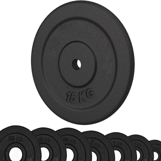 Een set Gietijzeren halterschijven in het zwart met verschillende gewichtsaanduidingen: de perfecte aanvulling voor je homegym of sportschool.