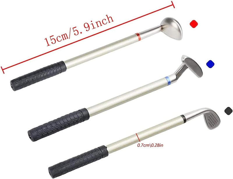 Laad afbeelding in Galerijviewer, Drie Golfclub pennensets, vervaardigd uit hoogwaardige materialen, met weergegeven afmetingen; één verlengd, met een ronde, platte ophaalkop.
