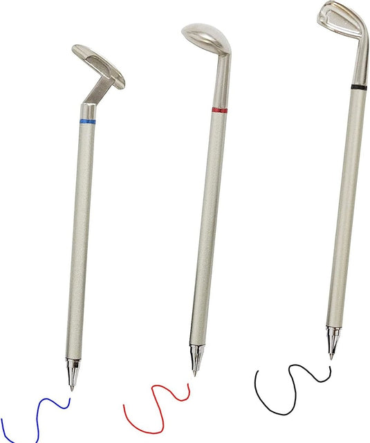 Drie Golfclub pennensets met verschillende gekleurde strepen op de clips, gepositioneerd op een witte achtergrond, elk een lijn tekenend in blauwe, rode en zwarte inkt, vervaardigd uit hoogwaardige materialen.