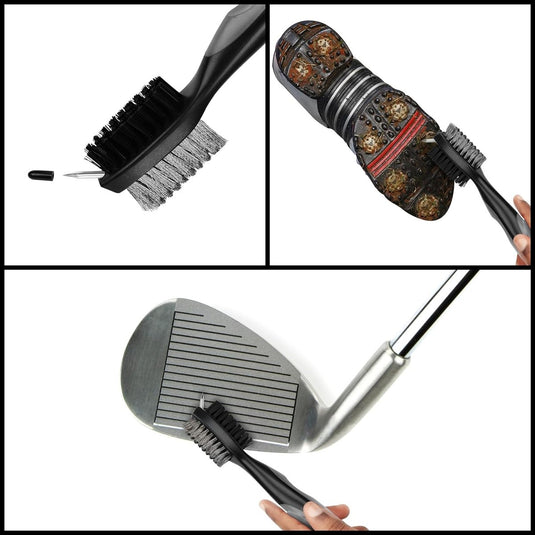 Een Golfclubborstel en groefreiniger, gemaakt van duurzame materialen, wordt gebruikt om verschillende voorwerpen schoon te maken, waaronder een golfclub, een douchekop en een elektronisch apparaat.