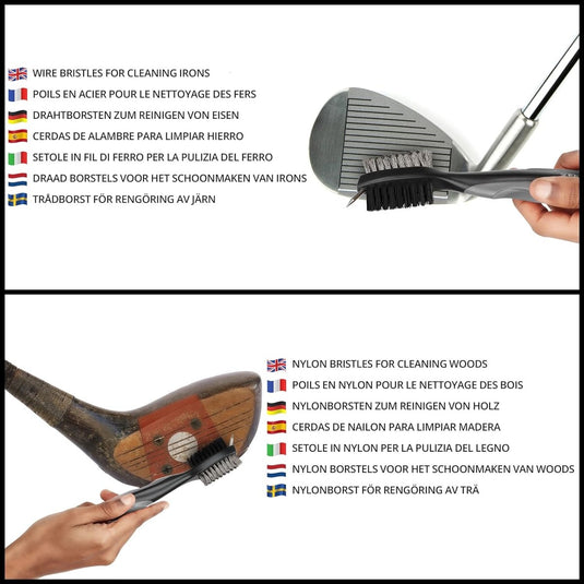 Een display van een Golfclubborstel en groefreiniger die de groef van een golfclub reinigt, met vertalingen van "groefreiniger voor golfclubs" in verschillende Europese talen.