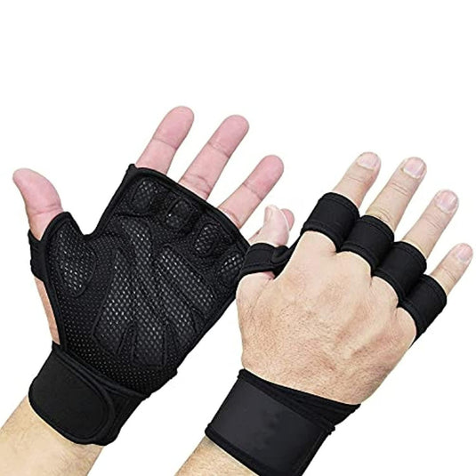Een paar handen met zwarte vingers zonder vingers, [Productnaam] met beschermende vulling op de rug.
Ervaar het ultieme comfort en bescherming met onze lederen fitnesshandschoenen - Jouw sleutel tot succesvol sporten!