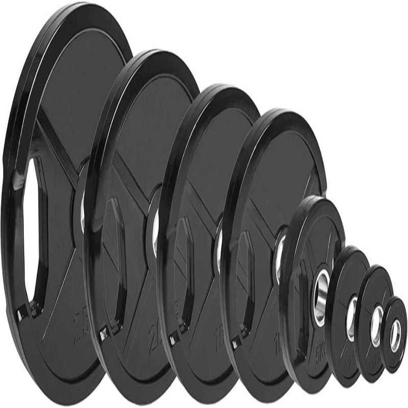 Laad afbeelding in Galerijviewer, Een reeks zwarte 50 mm Olympische halterschijven met rubberen coating in afnemende maten van links naar rechts, ontworpen voor het laden van halterschijven.
