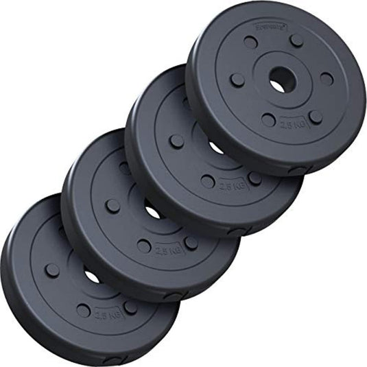 Een stapel van vijf zwarte Halterschijven set van 10kg platen met elk een verschillend gewicht, inclusief een duurzame 10kg platenset: de perfecte manier om je krachttraining te verbeteren.