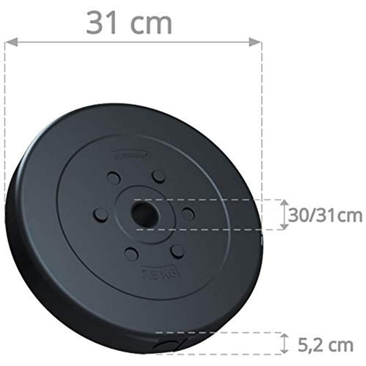 De zwarte gewichtsplaat, 31 cm in diameter en 5,2 cm dik, is ideaal om de trainingsintensiteit te verhogen en fitnessdoelen te bereiken. Het is gemarkeerd met