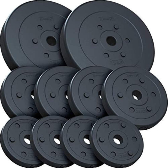 De ronde, zwarte halterschijvenset van 30 kg is overlappende uitgevoerd en is ideaal voor het aanpassen van de trainingsintensiteit en het effectief bereiken van uw fitnessdoelen.