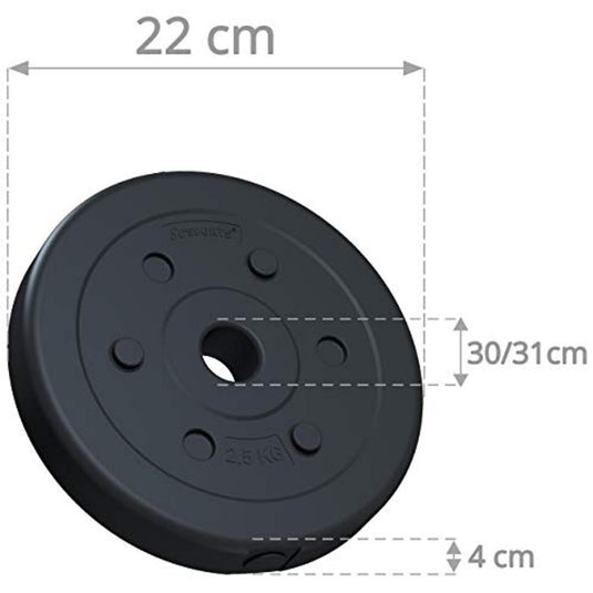 Een halterschijvenset van 30 kg met de afmetingen op het etiket: diameter 22 cm, breedte 4 cm en een middengatdiameter van 30/31 cm.