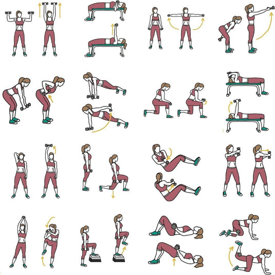 Illustratieraster met een verscheidenheid aan verstelbare halteroefeningen voor krachttraining thuis, uitgevoerd door een vrouw, inclusief squats, lunges en stretches van het bovenlichaam.