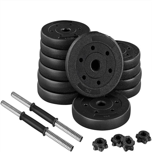 Een Verstelbare halterset van 20 kg voor krachttraining thuis bestaat uit zwarte halterschijven en twee metalen halterstangen met schroefgrepen, plus vier stervormige draaisluitingen, alles op een witte achtergrond voor een verstelbare trainingservaring.