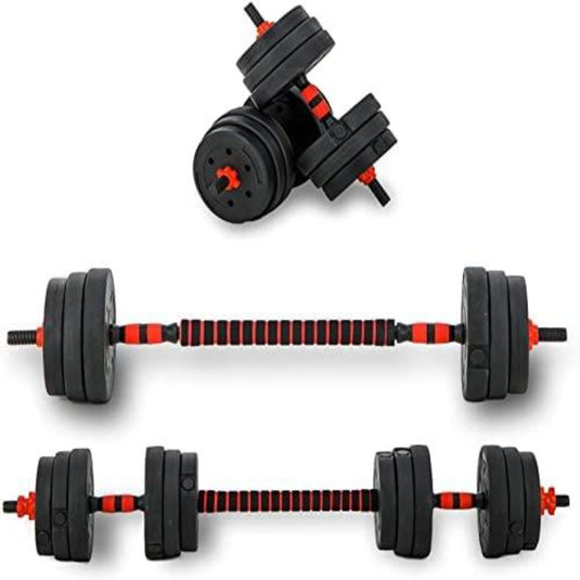 Verstelbare dumbells: de complete set voor thuistraining en barbell op witte achtergrond.