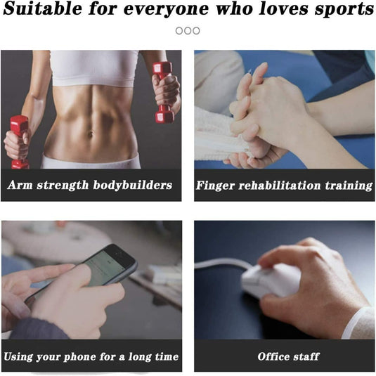 Collage van vier afbeeldingen met verschillende handactiviteiten: bodybuilding met een verstelbare handknijper, vingerrevalidatie, sms'en op een smartphone en het gebruik van een computermuis.