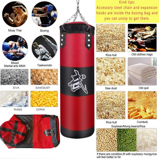 Een collage met een rode en zwarte "Versterk je bokstechniek en conditie met onze hoogwaardige bokszak" met verschillende vullingen en materialen die worden gebruikt voor opvulling bij mixed martial arts-training, inclusief een ophangsysteem.