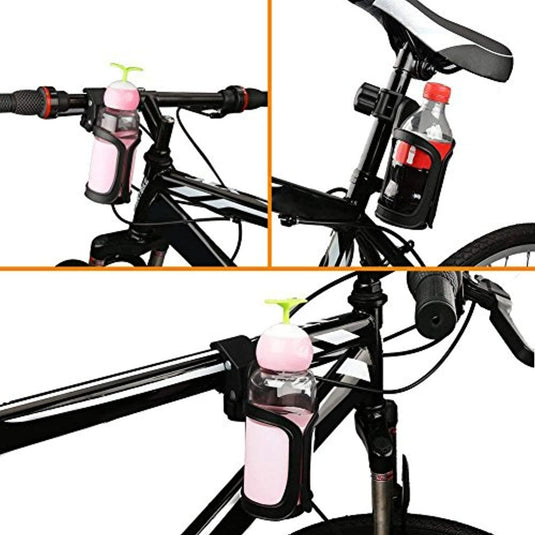 Een collage van drie afbeeldingen die verschillende hoeken tonen van een Happygetfit bidonhouder zonder schroeven bevestigd aan de stuurpen en het frame van een fiets.