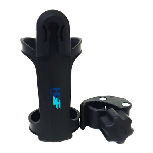 Het product, Happygetfit bidonhouder zonder schroeven, is een zwarte telefoonhouder met een blauw logo met een klemmechanisme voor bevestiging. Het is gemaakt van duurzame materialen en geïsoleerd op een witte achtergrond.