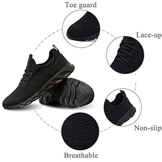 Een zwarte atletische wandelschoen, weergegeven in verschillende hoeken, met gelabelde close-ups op de teenbescherming, vetersluiting, ademende textuur en antislipzool.